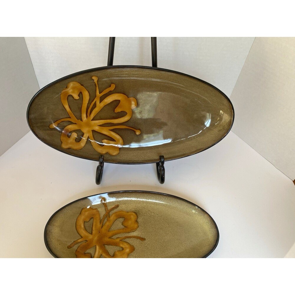 Pier 1 Imports Kioko Nesting Oval Stoneware Platter Set 2pc MINT Hand-Painted NW